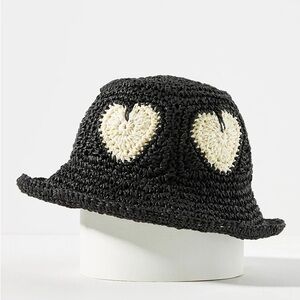 By Anthropologie Straw Heart Bucket Hat, Black/Cream